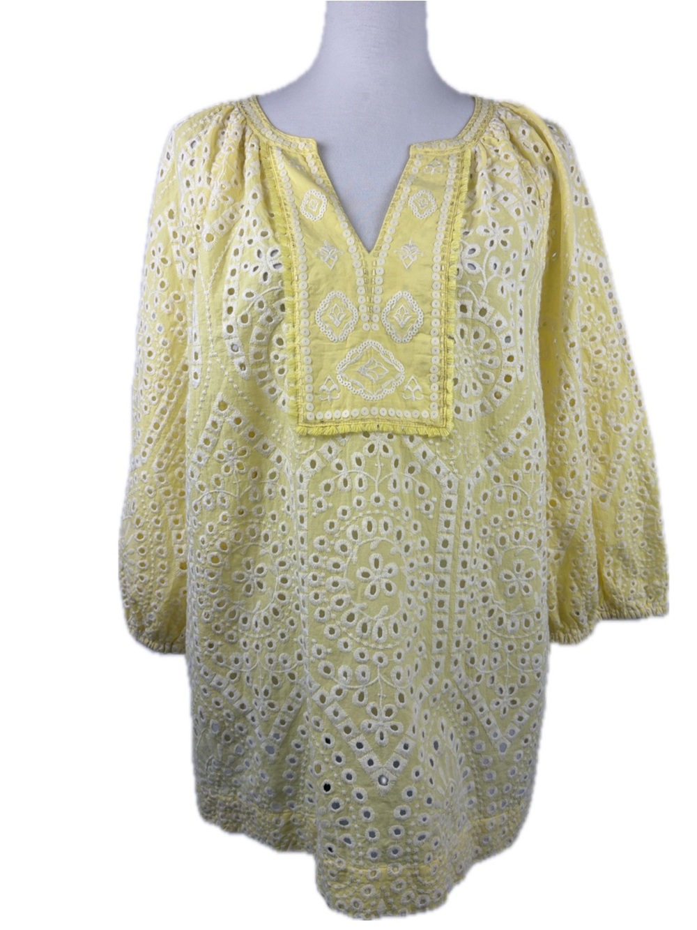 Chicos Embroidered Eyelet Tunic Top XL 16/18 3 Yellow Vaca Resort Coastal Beaded